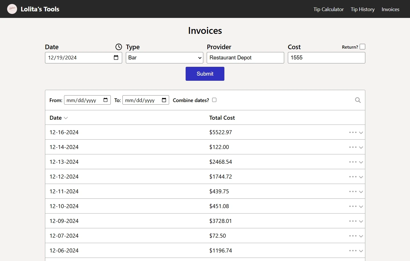 Homepage of Invoice Tool site