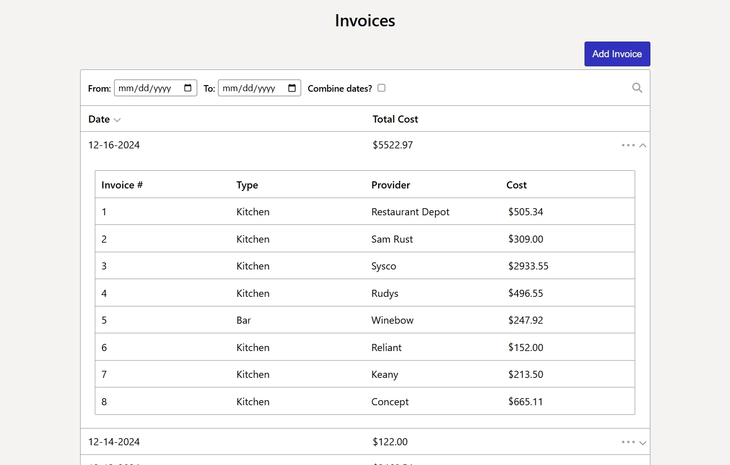 Expanded results when using Invoice Tool site
