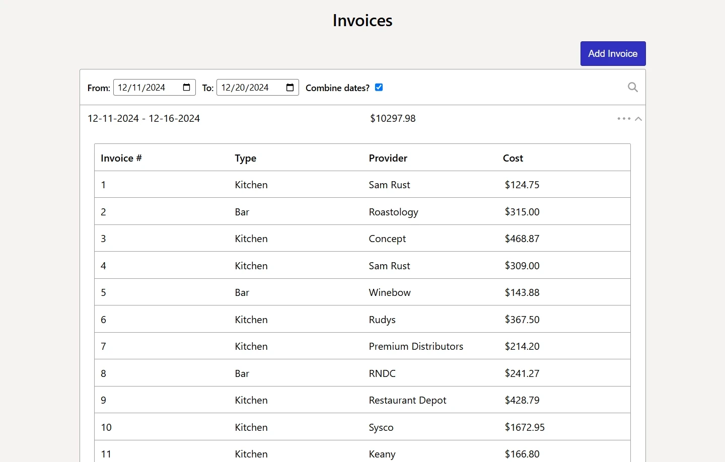 Combined results when using Invoice Tool site