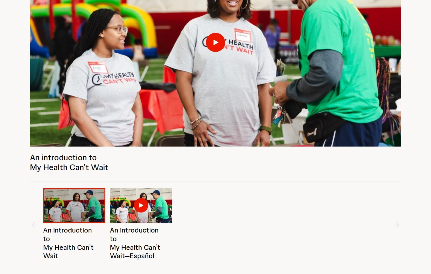 Video carousel for My Health Can't Wait